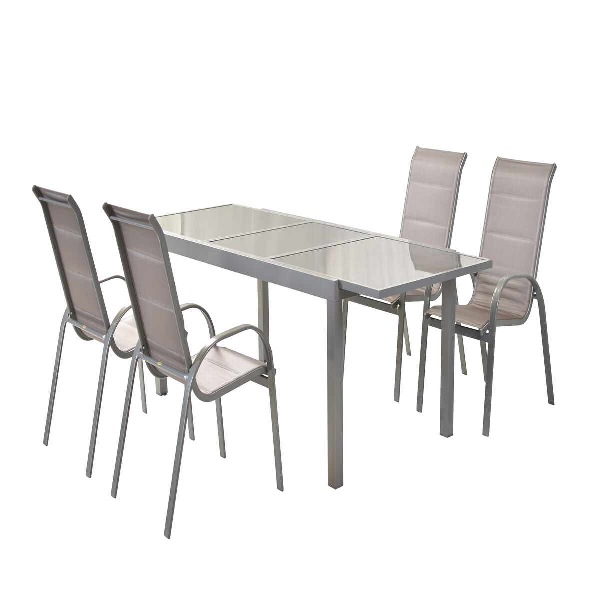 Merxx Amalfi di Lusso Set 5tlg., 4 Stapelsessel, Ausziehtisch 160 (220) x 90 cm, silber/diamantbraun, Aluminium/Textil