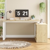 thumbnail of Merax L-förmiger Schreibtisch 152x113.5x76 cm, Bürotisch mit 2 Schubladen, 3 offenen Regalen & 1 Schrank, Naturholzfarbe & Weiß