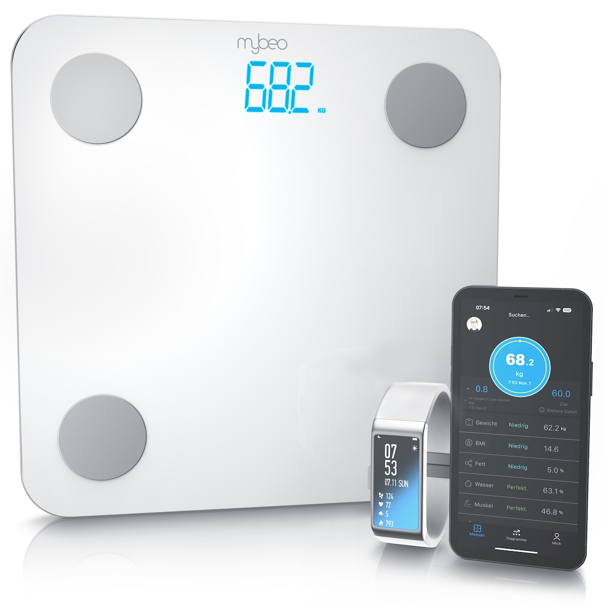 MyBeo Digitale Bluetooth Körperfettwaage Diagnosewaage mit App-Steuerung  weiß