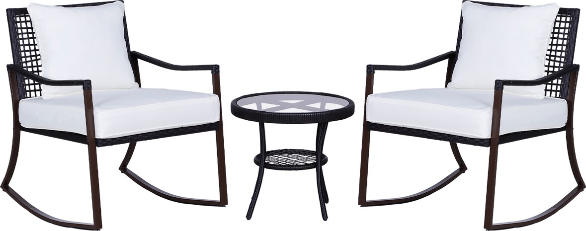 Outsunny Conjunto de Muebles de Ratán para Jardín con Mesa Ø51x46 cm y 2 Sillas Mecedoras 65,5x73,5x84,5 cm con Cojines Lavables y Almohadas