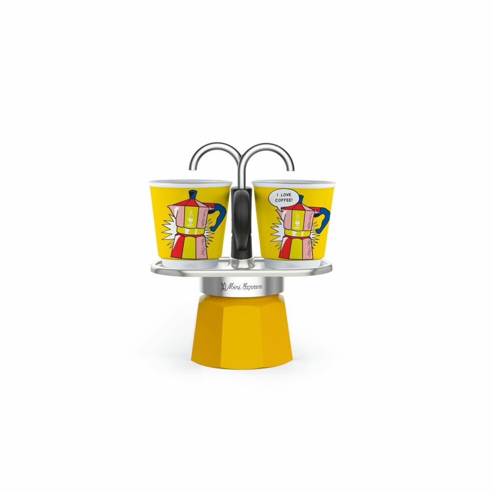 Bialetti Espressokocher-Set Mini 3-tlg. Express Lichtenstein für 2 Tassen, Espresso, Espressokanne, Kaffeebereiter, Bunt, 90 ml, 1405