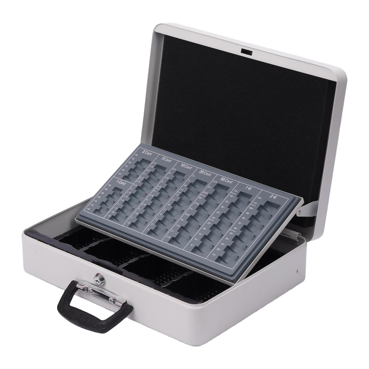 Relaxdays Geldkassette abschließbar, Münzgeldeinsatz, Scheinfach, Barkasse mit Griff, HxBxT: 10x37x28 cm, Eisen, weiß