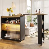 thumbnail of Bartisch ausziehbar 204x39x105 cm mit Stauraum Schiebetüren und LED-Beleuchtung auf Rollen, MDF Stehtisch Kücheninsel, Schwarz