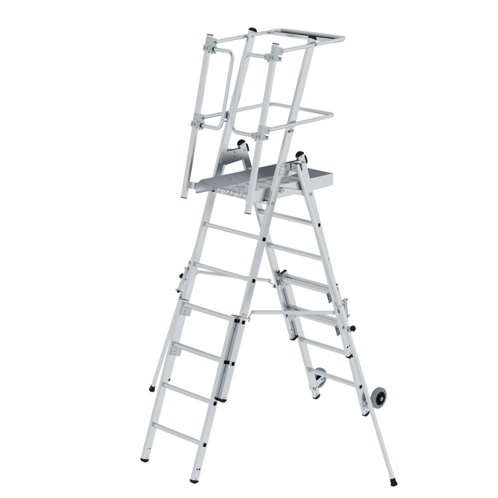 PROREGAL Plattformleiter FlexxStep | 5 Sprossen | mit Teleskopaufsatz plus 2 Sprossen & beidseitigem Handlauf | Aluminium | Rutschsichere Leiterschuhe