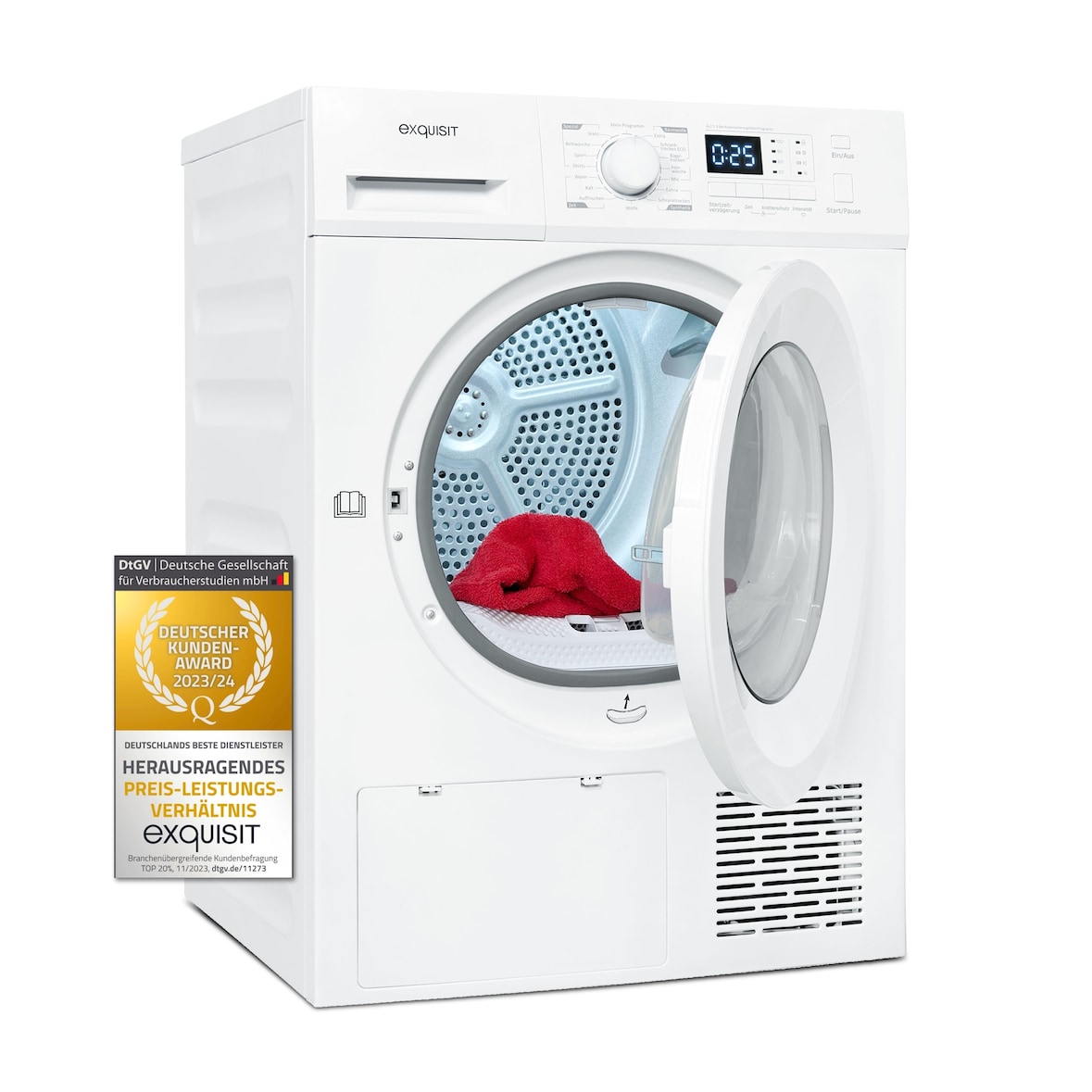 Exquisit Wärmepumpentrockner, 8kg Trockner mit 16 Programmen, Startzeitvorwahl, Knitterschutz, TWP803-030E weiss