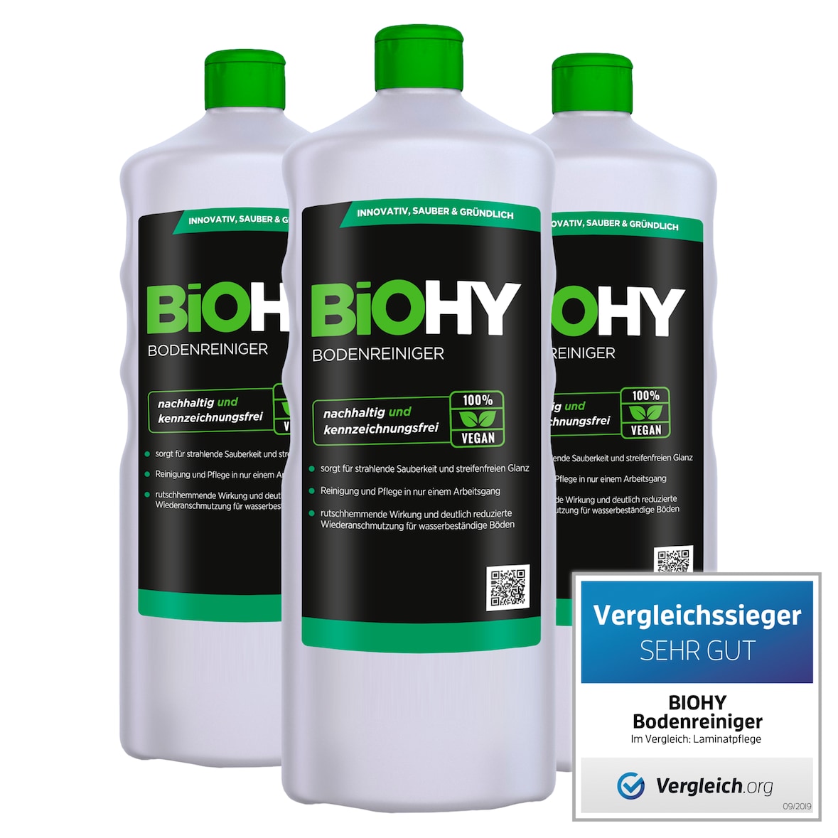 BiOHY Bodenreiniger (3x1l Flasche) | Konzentrat für alle Reinigungsgeräte und alle Hartböden | Angenehmer Geruch und streifenfreie Reinigung