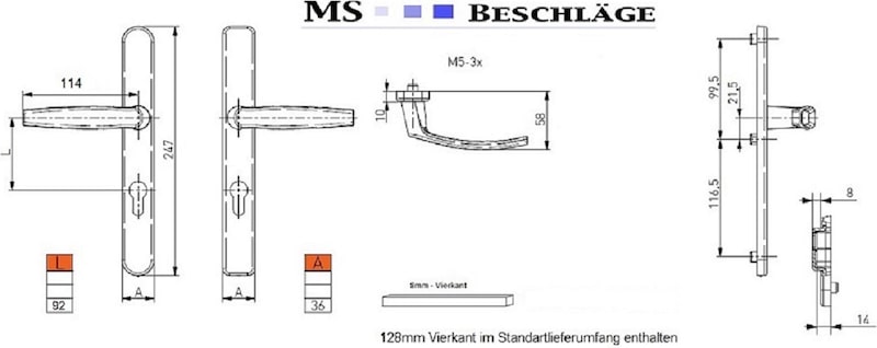 Türgriffe und Beschläge mit Maßen.