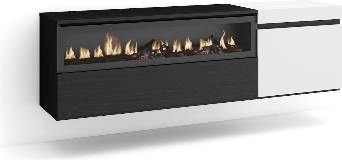 Un moderno mueble multimedia negro y blanco con chimenea.