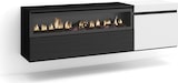 Un moderno mueble multimedia negro y blanco con chimenea.