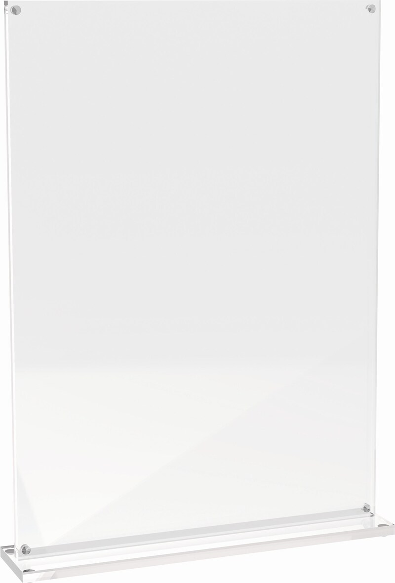 Ein klarer Acryl-Tischaufsteller.