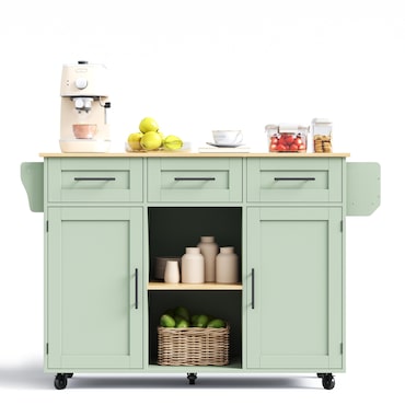 Merax Keukenwagen 139x46-71x91.5 cm, mobiel kookeiland met inklapbaar blad, 2 deuren en 3 lades, wielen/houten poten, saliegroen