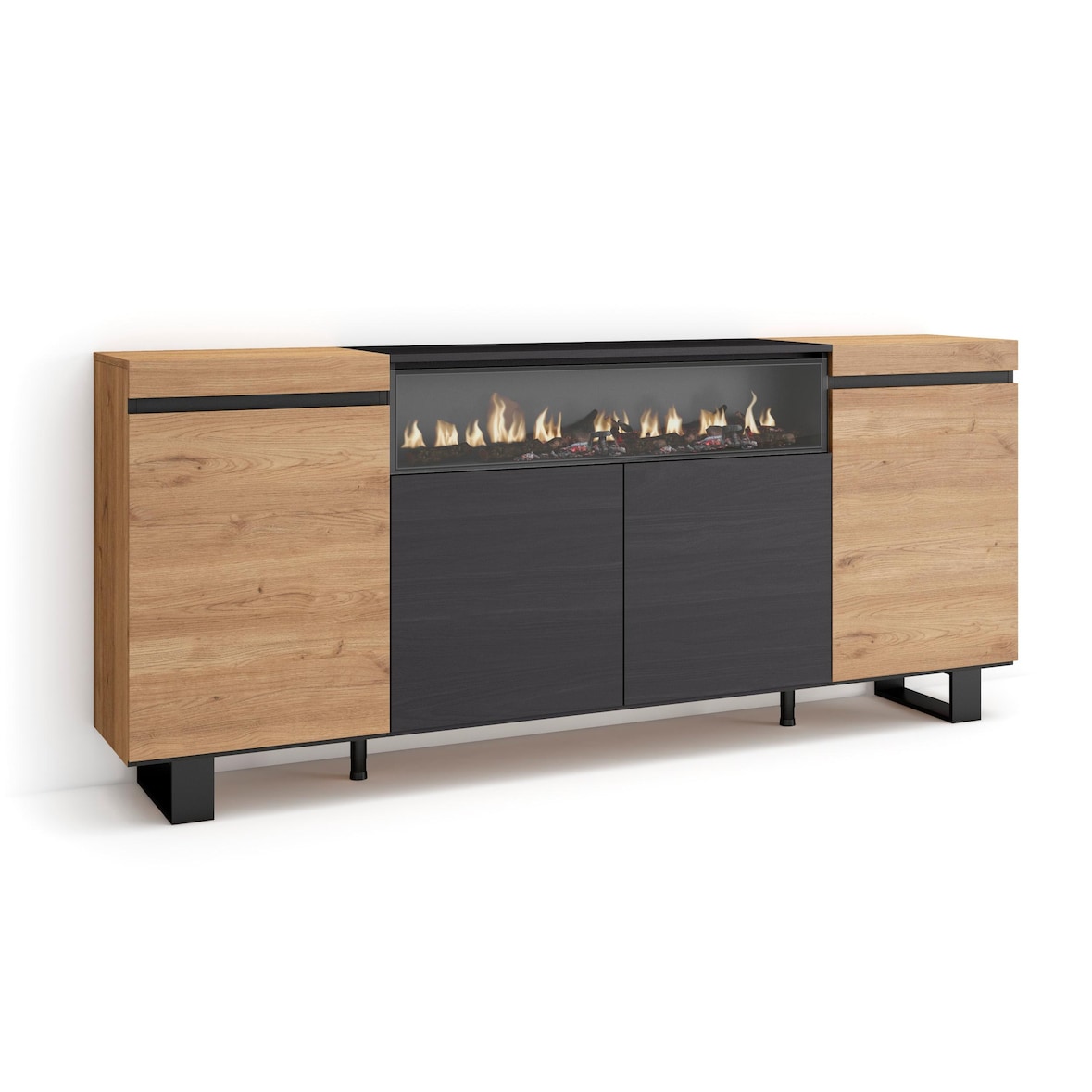 Dressoir, Opbergkast, Buffetkast, Sideboard, 200x35x87cm, 4 Deuren, Elektrische haard, Industrieel design, Moderne stijl, Eiken/Zwart _ 62_12
