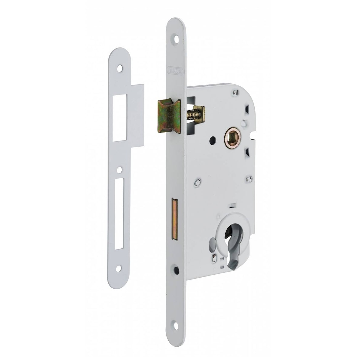 Serrure encastrable pour porte d'entrée axe à 50 mm, coffre épaisseur 10 mm à cylindre v/br
