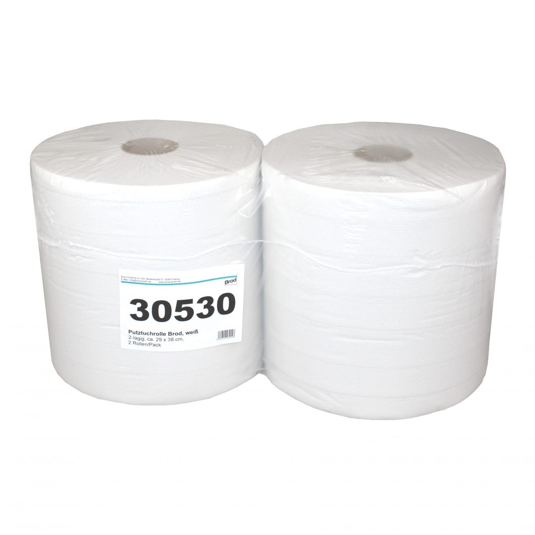 Putztuchrolle Brod 1000, weiß, 100 % Recycling, 2-lagig, ca. 29x36.5 cm, perforiert, 915 Blatt, 2 Rollen im Folienpack