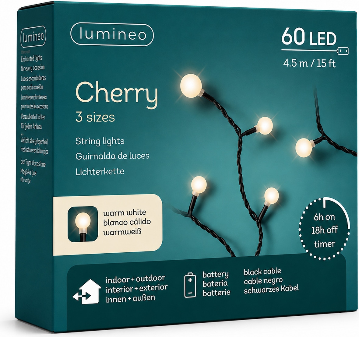 LED Lichterkette Cherry 4,5m Batterie 60 LEDs Dauerbetrieb Timer Batteriebetriebene Dekobeleuchtung Innen Außen Gartenbeleuchtung Schwarz Warmweiß