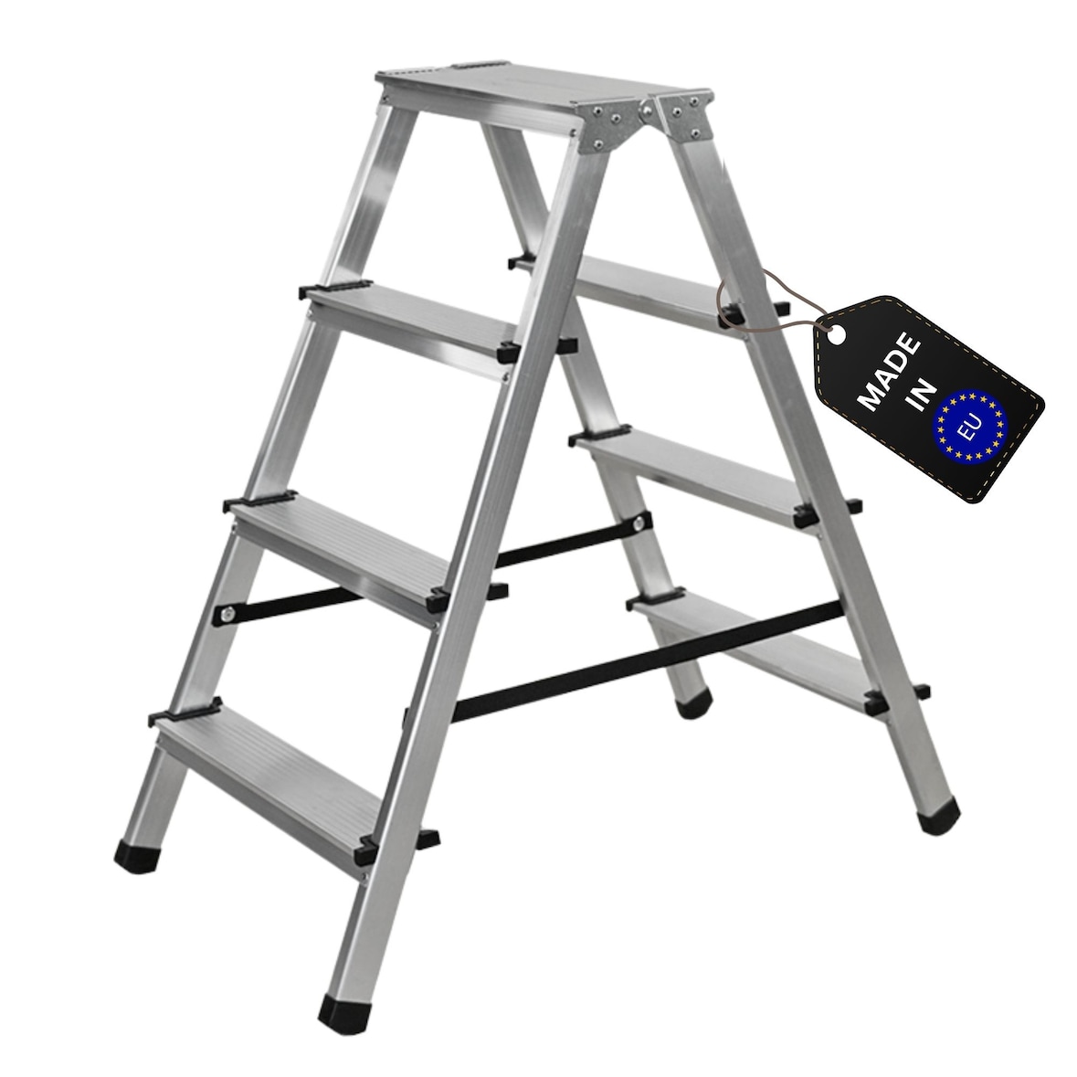 PROREGAL Stufenstehleiter ATLAS | beidseitig begehbar | 2x4 Stufen | Arbeitshöhe 2,41m | Traglast 125kg