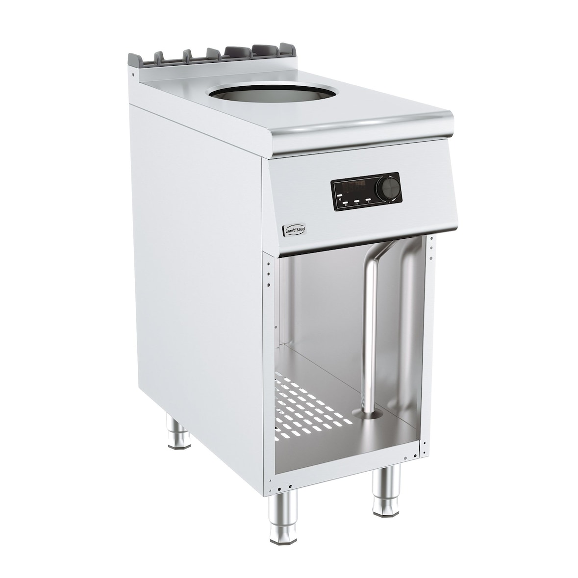 Combisteel wokkookplaat met inductie en roestvrijstalen onderstel.