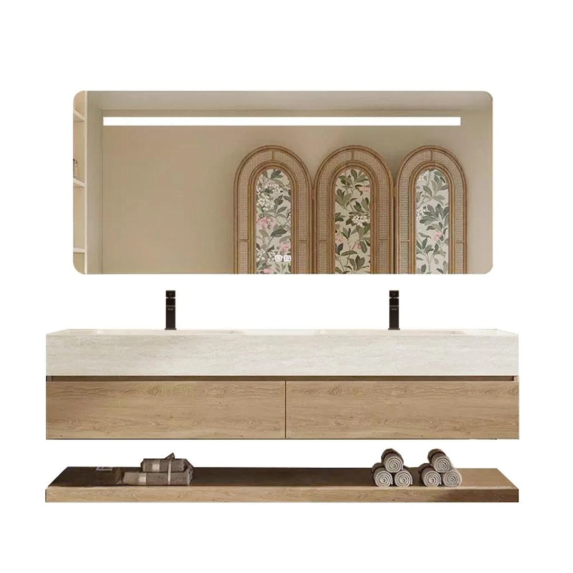 Wandhängendes Badmöbel-Set Travertin-Look mit Sinterstein Doppelwaschbecken Spiegel Unterschrank Ablage 2 Armaturbohrungen 140×55 cm【RW4822-140 K】