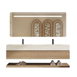 thumbnail of Wandhängendes Badmöbel-Set Travertin-Look mit Sinterstein Doppelwaschbecken Spiegel Unterschrank Ablage 2 Armaturbohrungen 140×55 cm【RW4822-140 K】