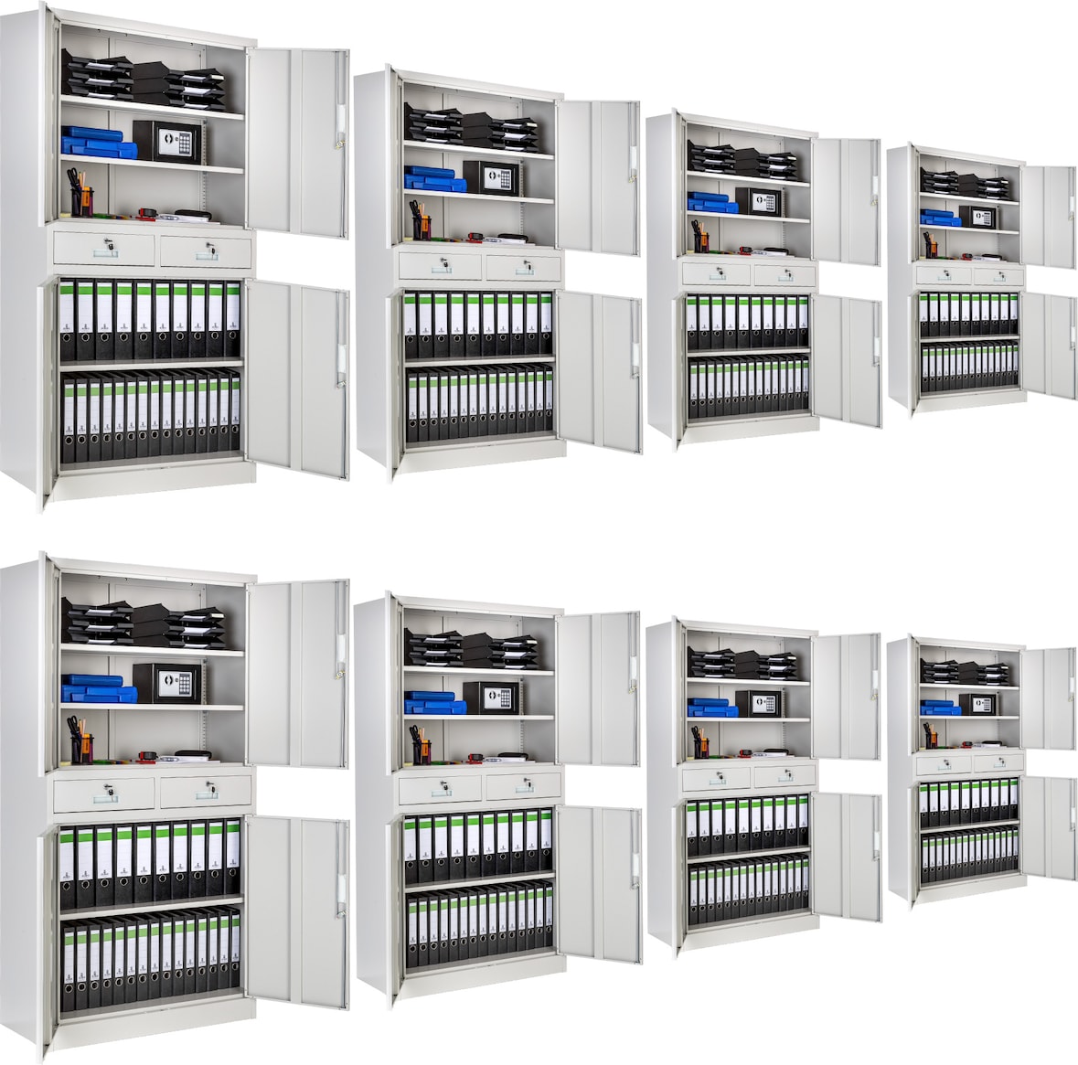 tectake 8 armarios archivadores con cierre de seguridad, 5 alturas + 2 cajones 180x90x40cm  Gris