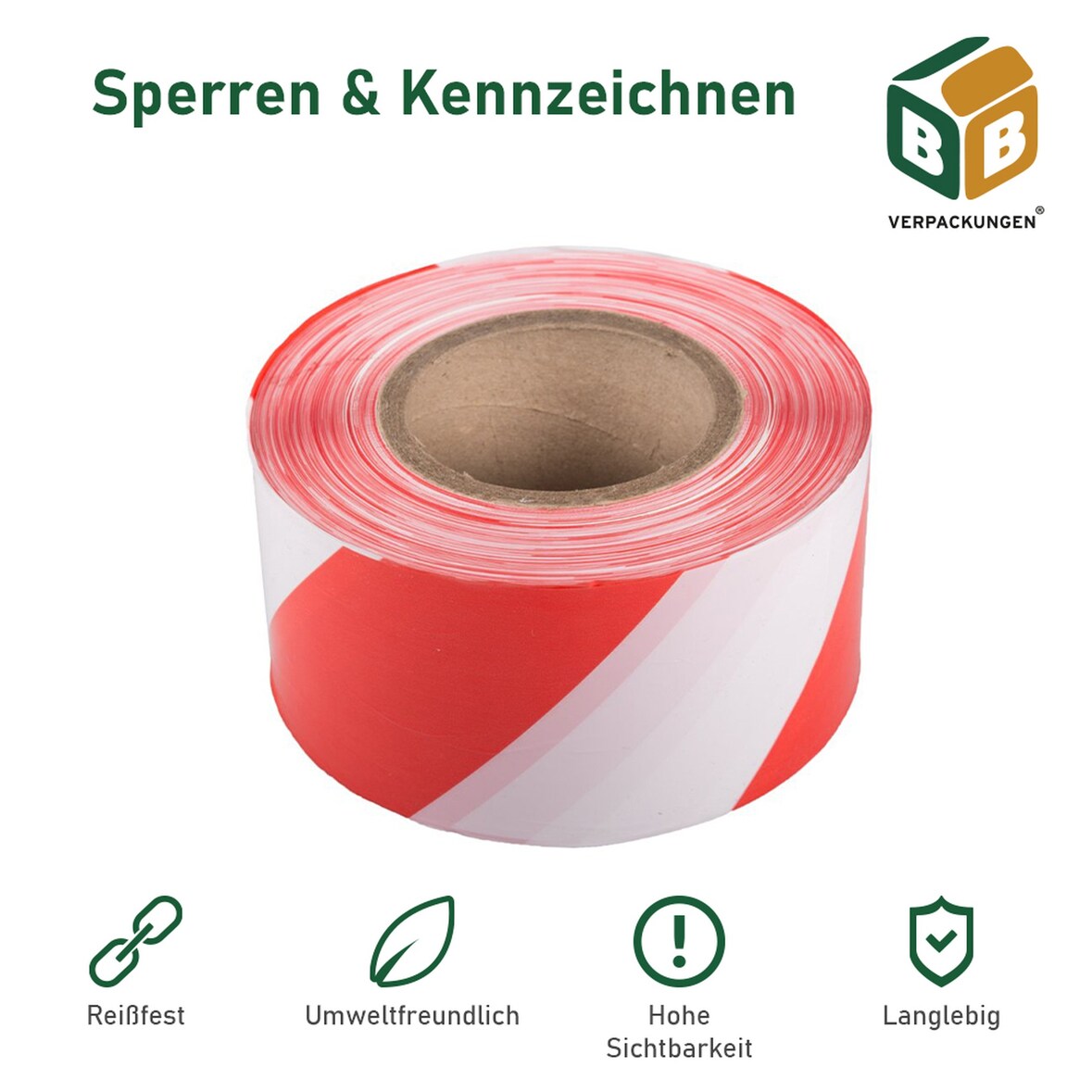 18 x Absperrband (75 mm x 500 m) rot/weiß sehr reißfest hohe Sichtbarkeit beidseitig Flatterband Warnband Baustellenabsperrung BB-Verpackungen