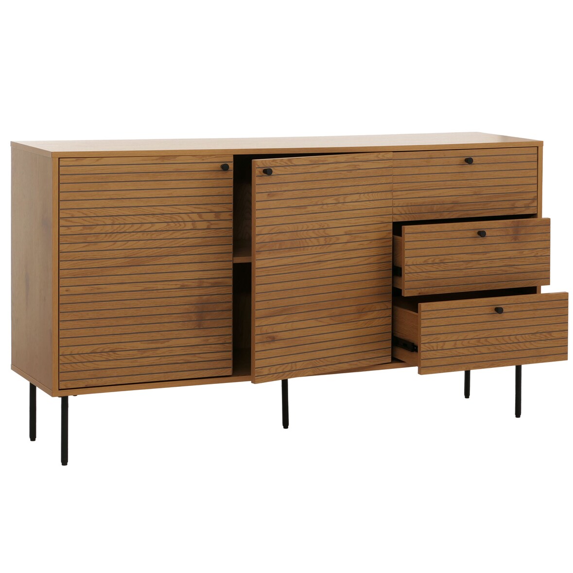 Kommode HWC-N78, Sideboard, 3 Schubladen 2 Türen, skandinavischer Stil Metall Holz Melamin MVG 85x150x40cm ~ natur
