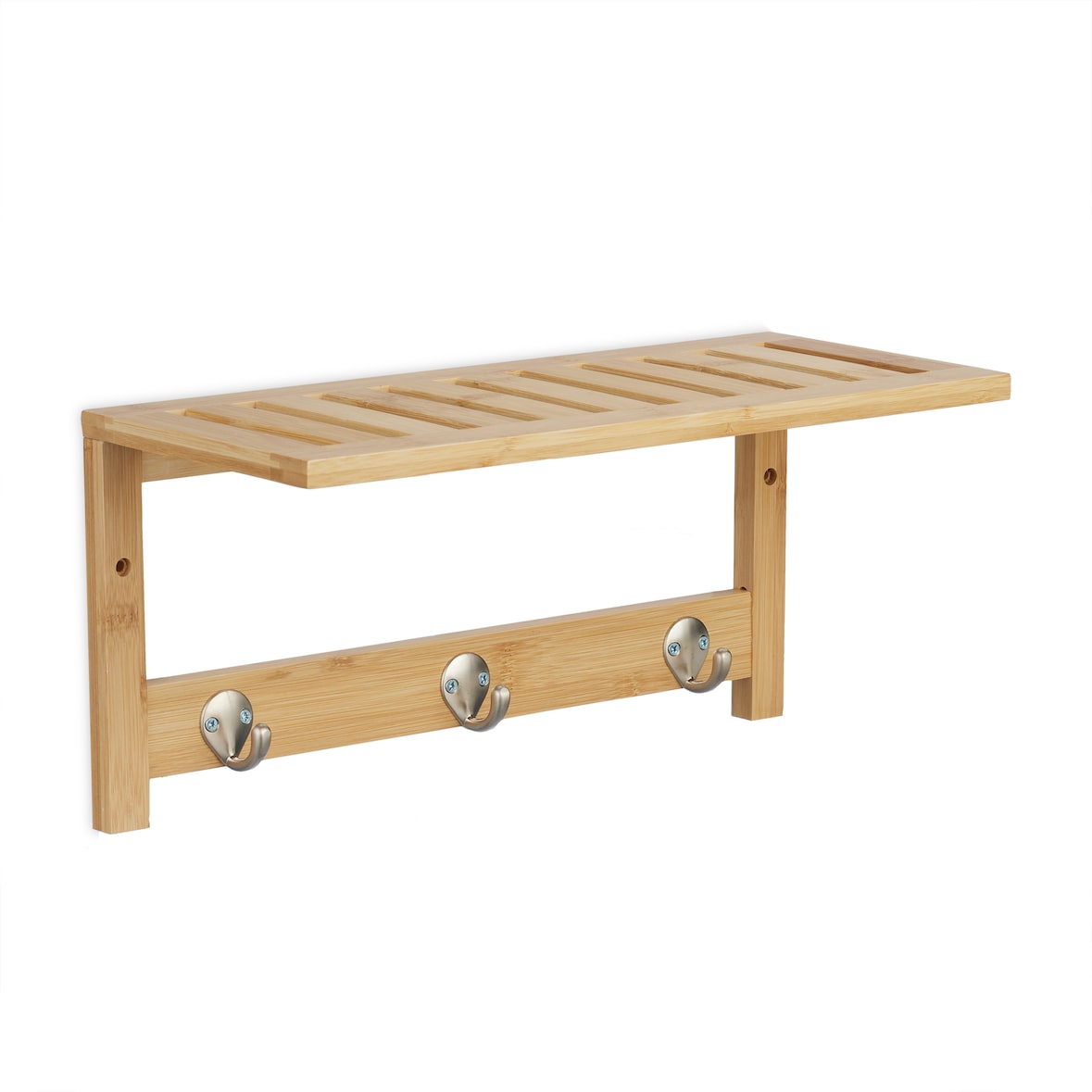 Relaxdays Wandregal mit Hakenleiste, Bambus, HBT: 18 x 37,5 x 16 cm, Handtuchhalter Bad, Garderobe Flur, 3 Haken, natur