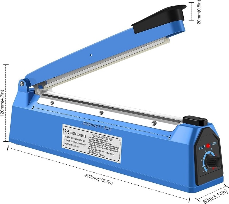 Una selladora térmica azul con palanca.