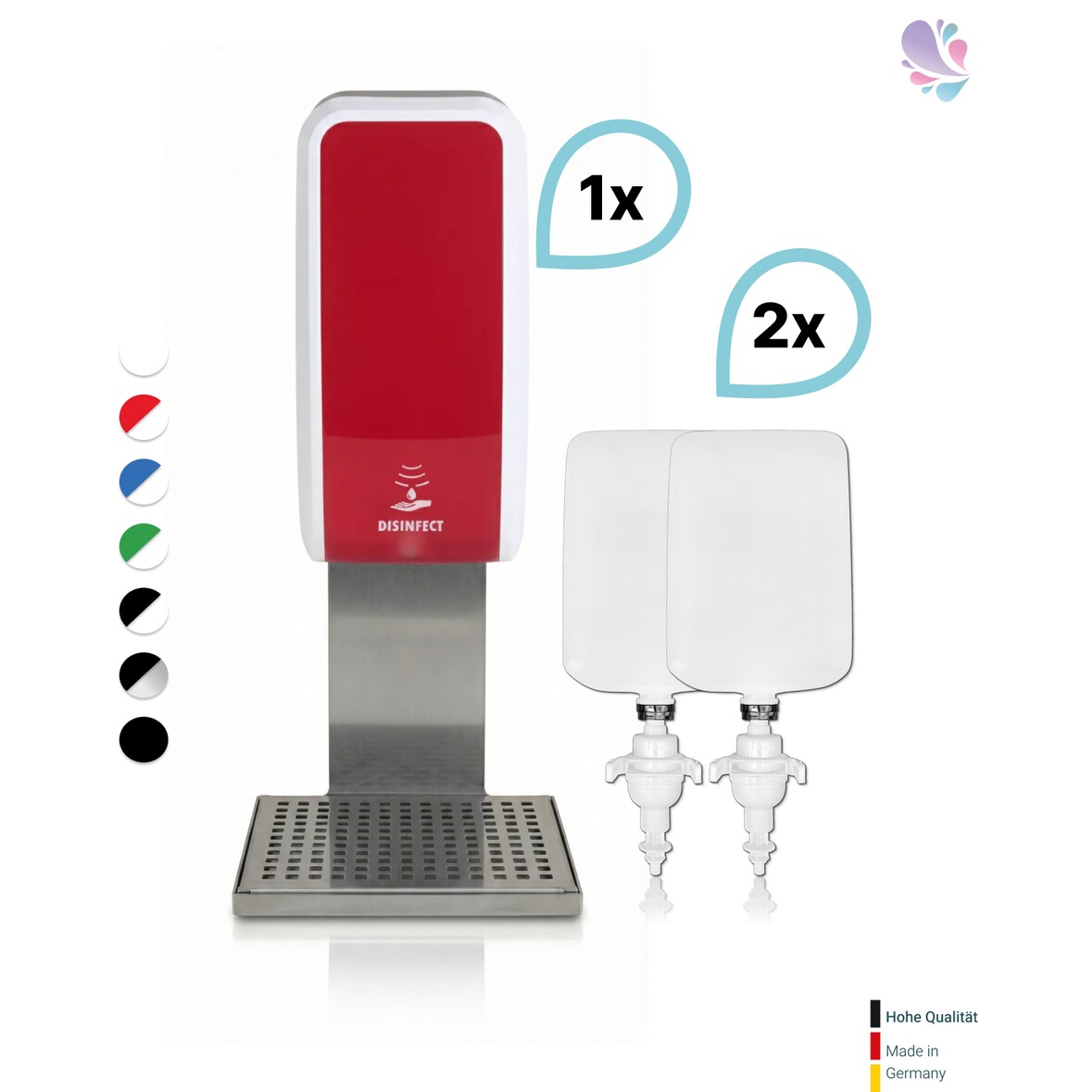 SET: Desinfektionsspender SENSOR Cosmos (berührungslos) +2x1L Händedesinfektion+Edelstahlhalterung mit Auffangschale Wandmontage