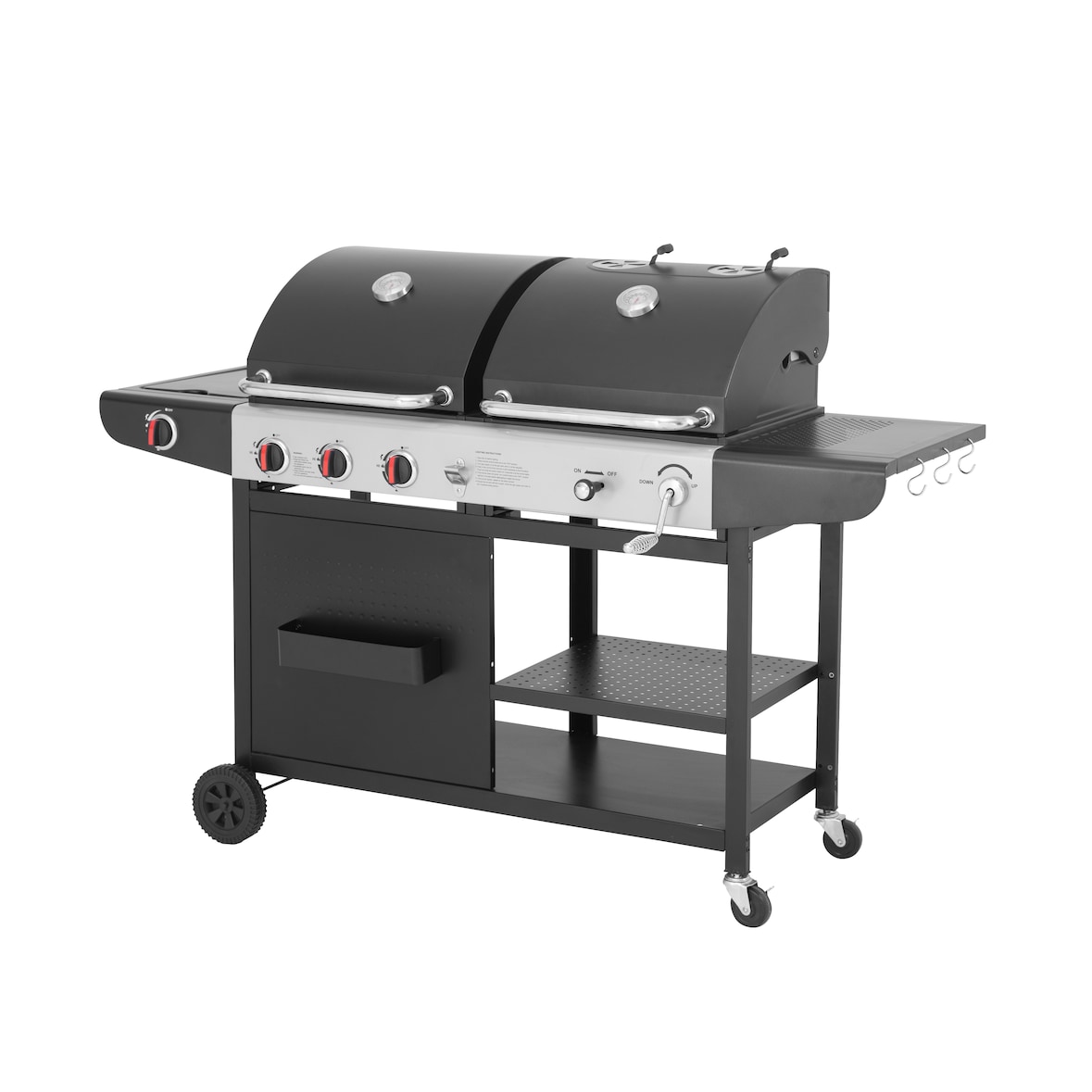 Tarrington House Barbecue a gas e carbone con 3 bruciatori + bruciatore laterale Carson, 42 × 96 cm, tavolino laterale, ruote, acciaio, nero