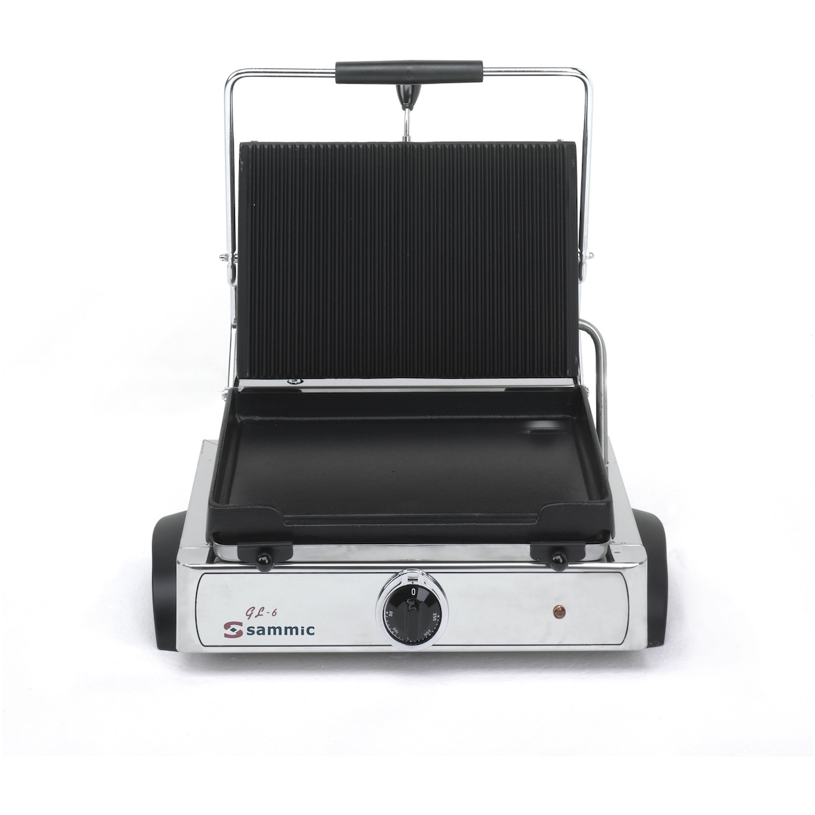 SAMMIC Plancha eléctrica de hierro fundido, con tapa, de 365 x 245 mm mod. GL-6. Superficie inferior lisa, superior acanalada.