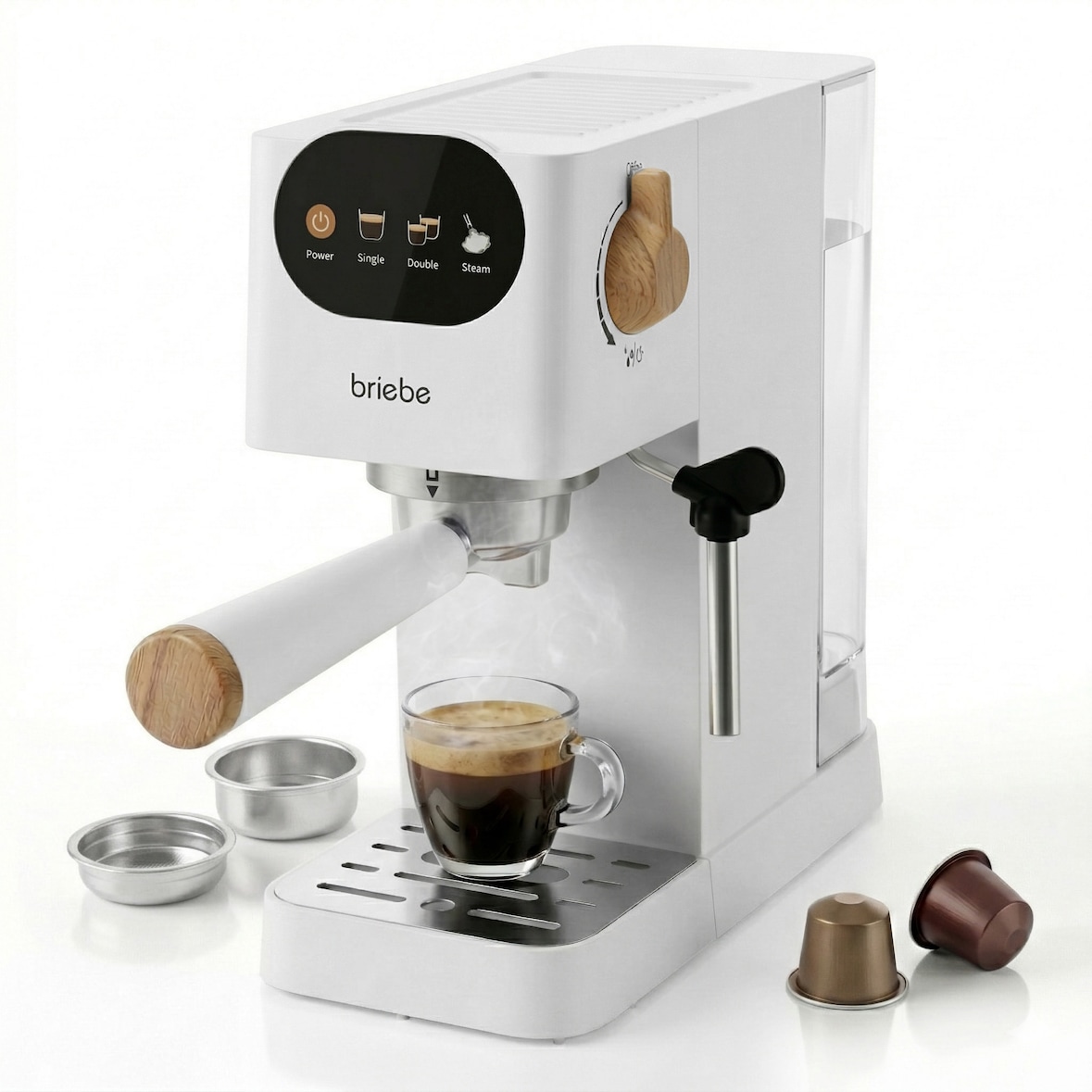 Cafetera Espresso 20 Bares Compatible Cápsulas Nespresso y Café Molido Espumador Leche, Briebe, Nordic, EC1180WHT, Blanco