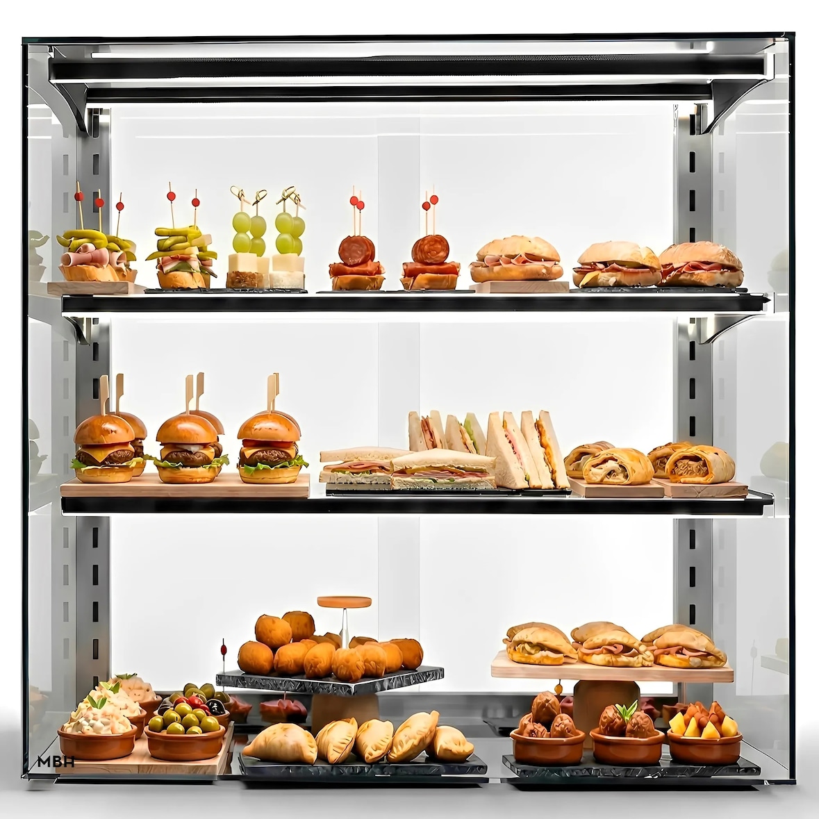 MBH - Vitrina de sobremesa 600 mm con 2 estantes y gran visión para hostelería. Expositor profesional de cristal para bollería, panadería y bar.
