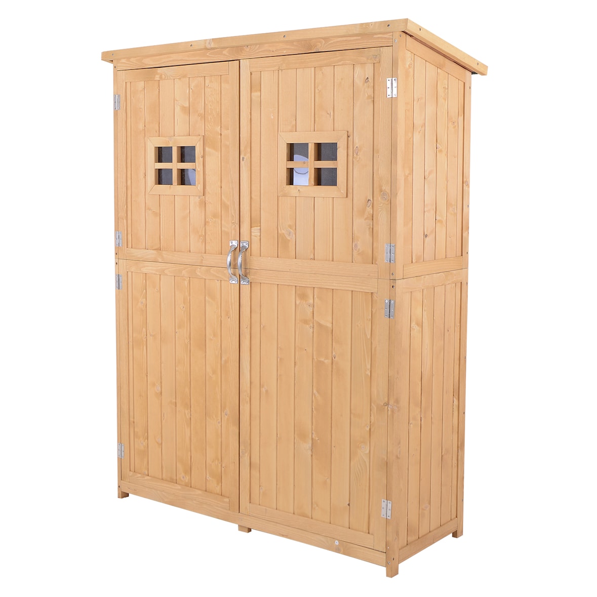 Outsunny Cobertizo de Madera Caseta de Jardín Armario Herramientas de Jardinería con Estantes Doble Puerta Ventanas Techo Asfáltico 127,5x50x164 cm