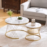 thumbnail of Couchtisch Set 2tlg rund Weiß+Gold Nesting Sofatisch Hochglanz Marmormuster MDF Beistelltische platzsparend mit Metallgestell 45×70×70 cm