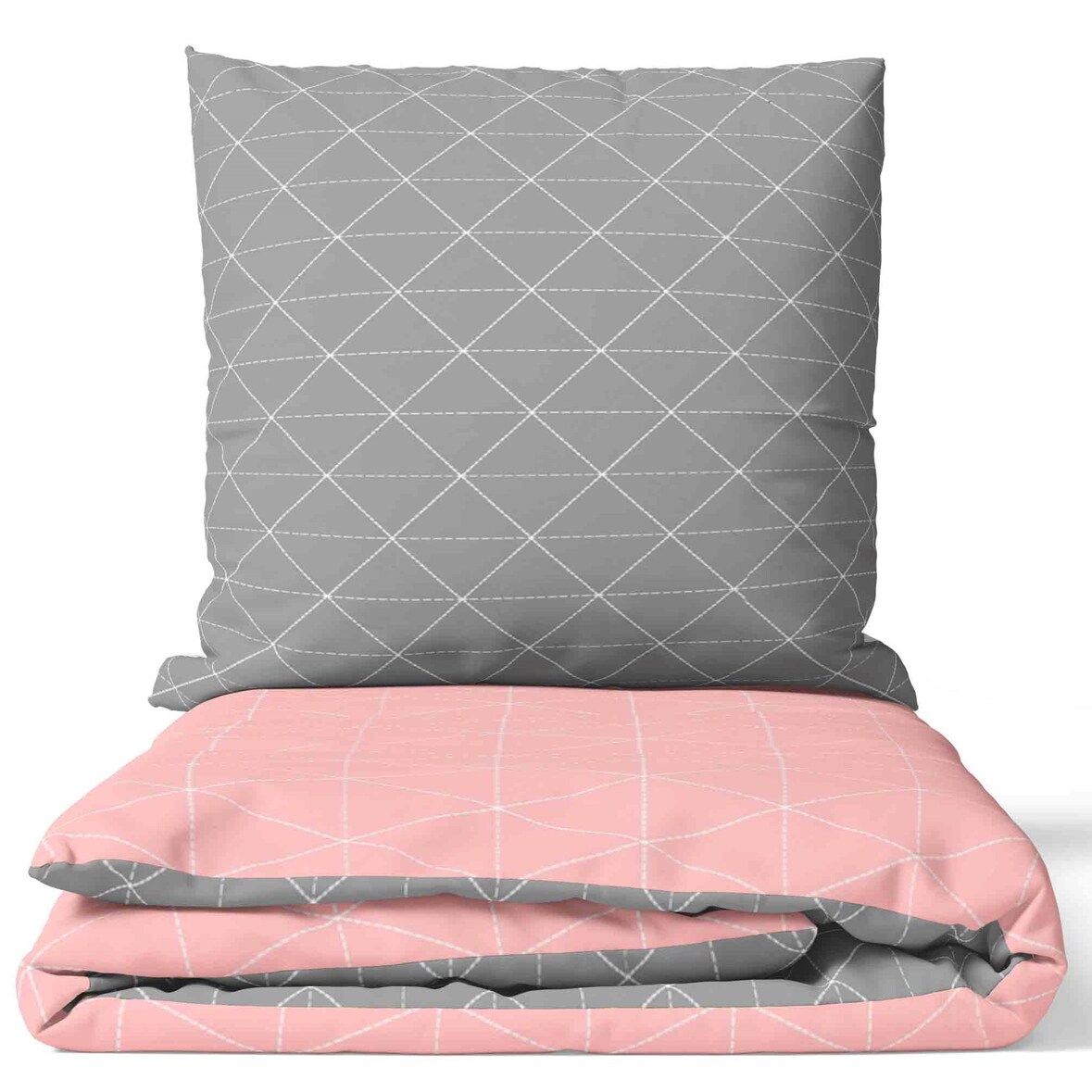 Wendebettwäsche 100% Baumwolle 155x200 cm Rosa Raute 3-teilig