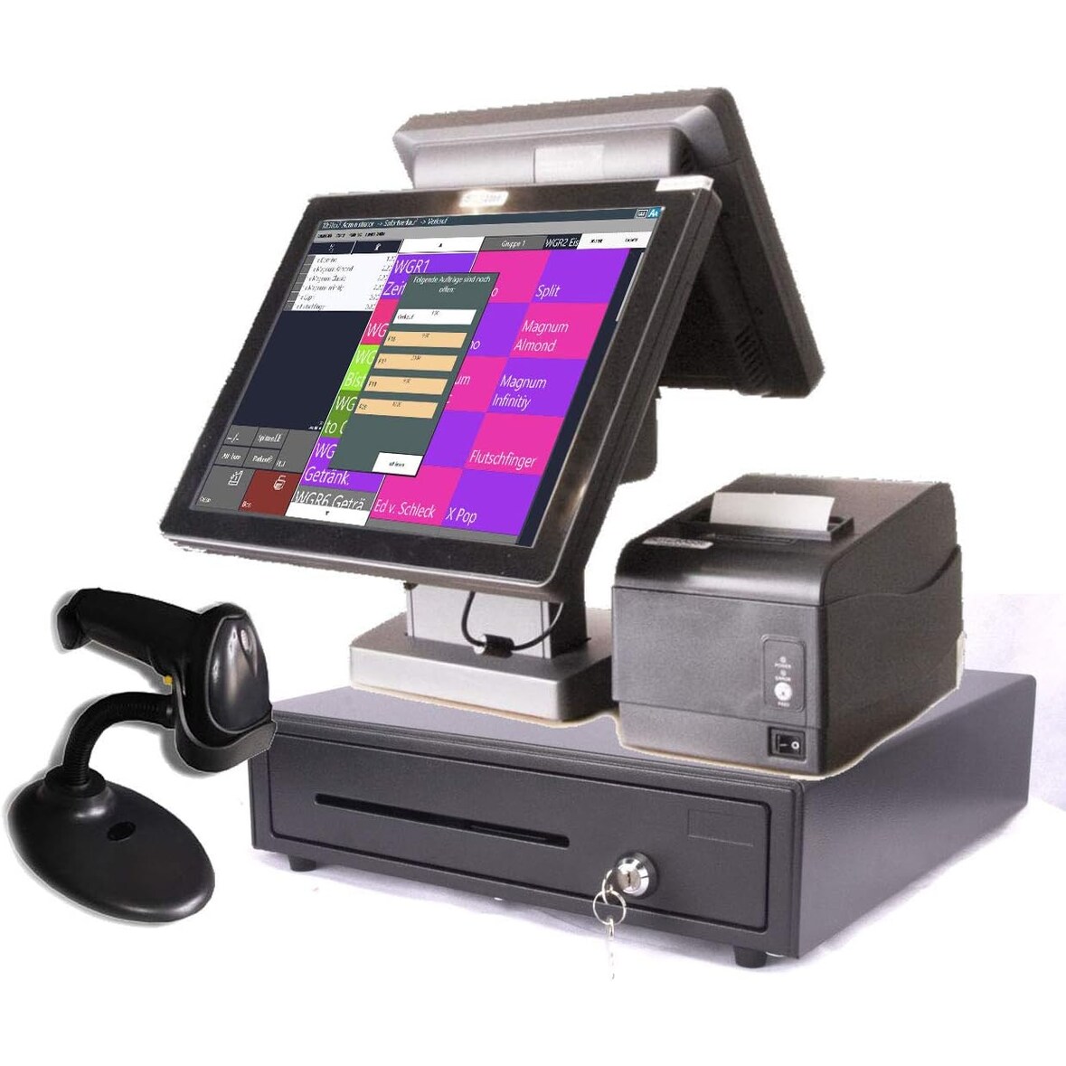 15" Kasse für EINZELHANDEL und SCHNELLGASTRONOMIE: 12" Multimedia Kundenanzeige, Bondrucker, Barcodescanner, Geldlade