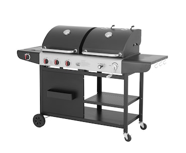 Tarrington House Barbacoa de gas y carbón de 3 quemadores + quemador lateral Carson, 42 x 96 cm, mesa lateral, ruedas, acero, negro