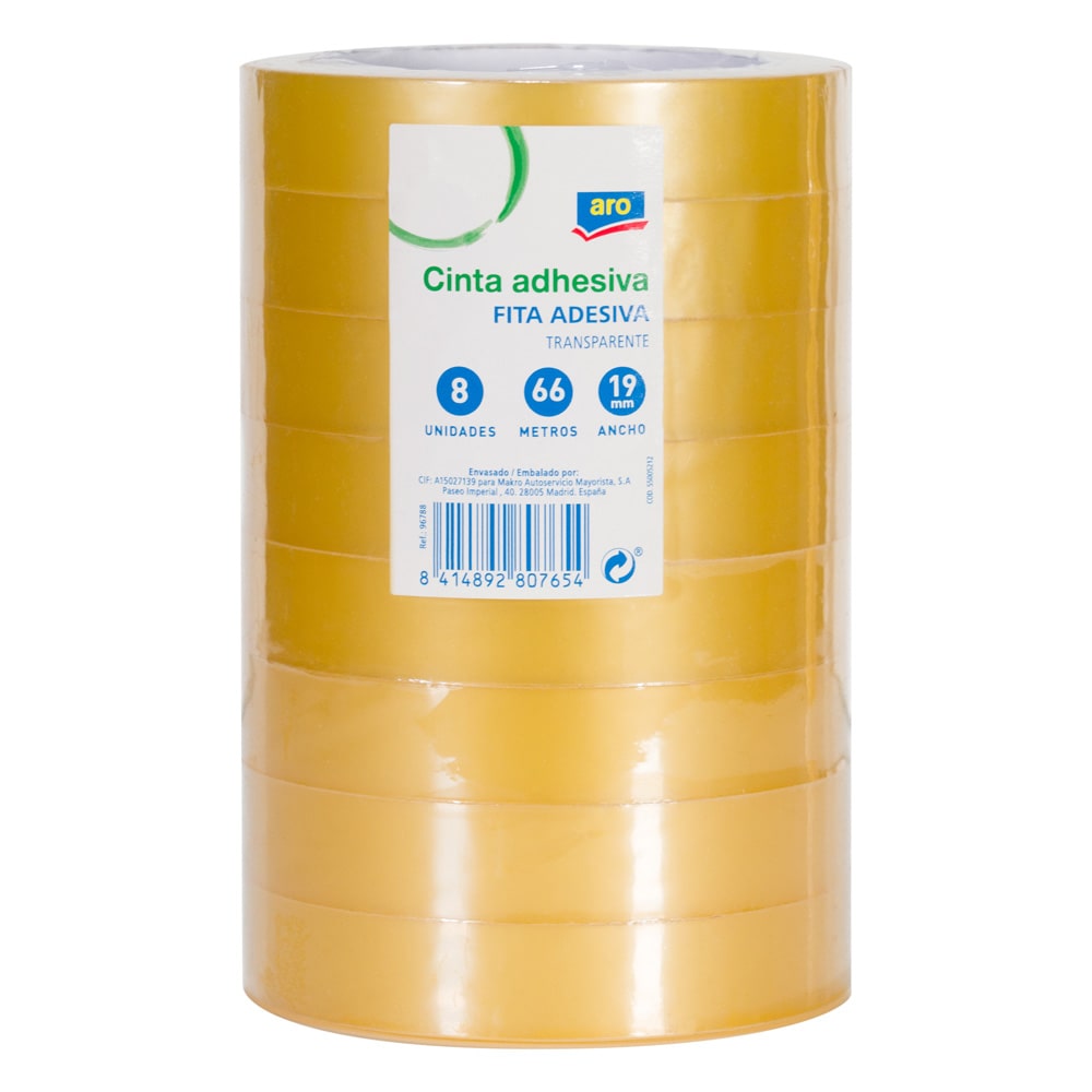 Torre 8 rollos de Cinta Adhesiva 19mmx66m Transparente aro