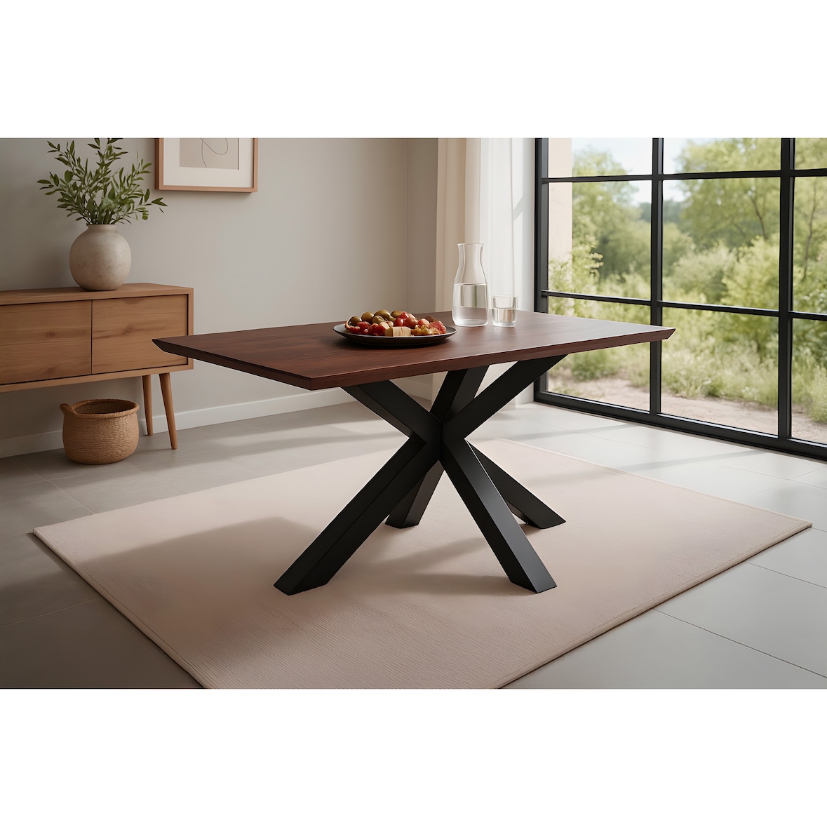 Esstisch 120x80cm Akazie massiv kastanienfarben schweizer Kante Spider-Gestell schwarz RITA