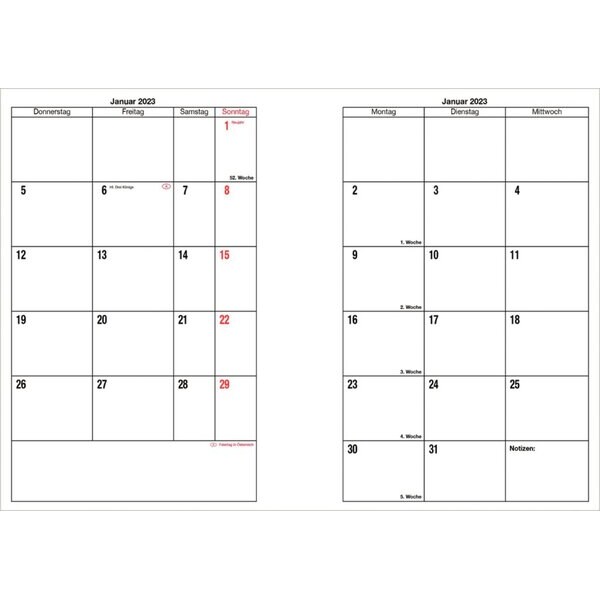 Monatskalender, 1 Monat / 2Seiten, 2023, schwarz, 90 x 150 mm
