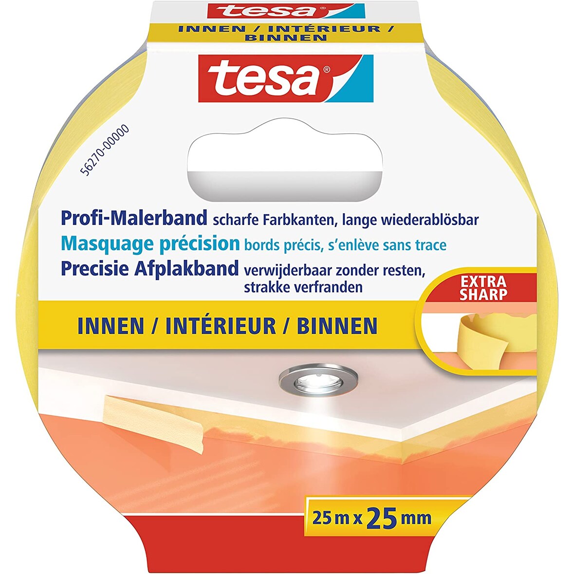 tesa 56270-00000-00 Maler Krepp Precision Indoor Abdeckband, 25 mm x 25 m