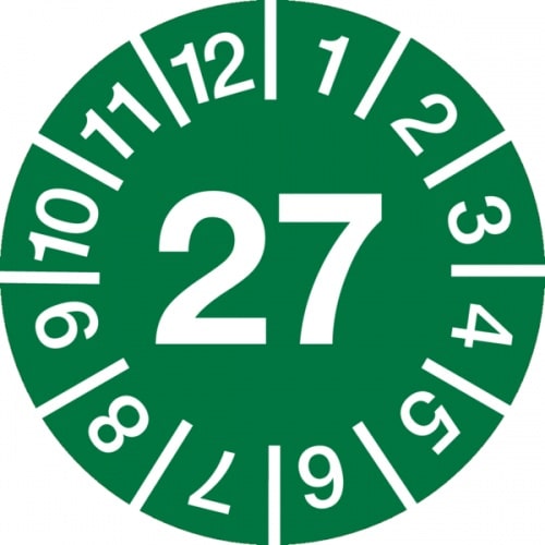 Jahresprüfplaketten ab 27, Jahresfarben, Dokumentenfolie, Ø 10 - 30 mm - Bogen = 10 Plaketten - 30 mm Dokumentenfolie selbstklebend