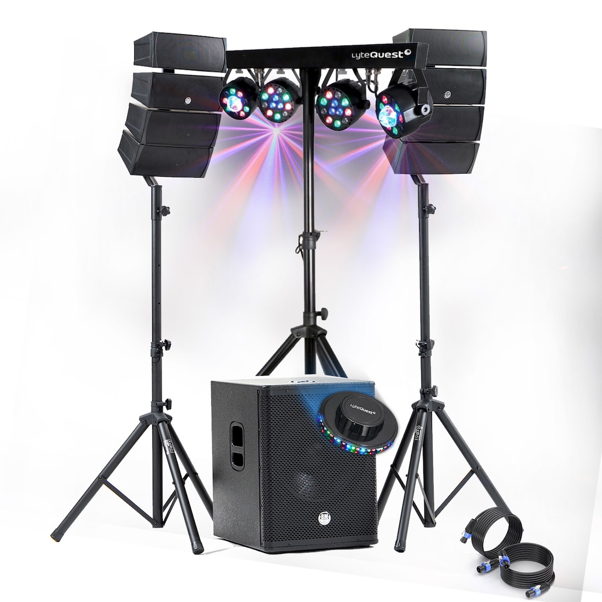 Pack Sono DJ 1200W complet BM SONIC Enceintes +SUB 38cm USB/Bluetooth, Câbles, Portique Eclairage LED, UFO, Bar Salle des fêtes
