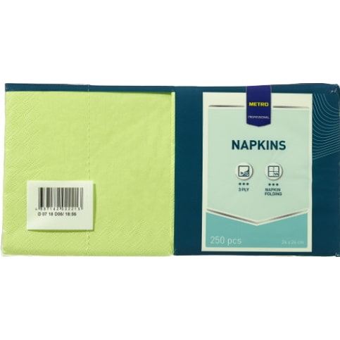 METRO PROFESSIONAL Servetten, 24 x 24 cm, 1/4 Vouw, 3-laags, kiwigroen, 250 stuks.