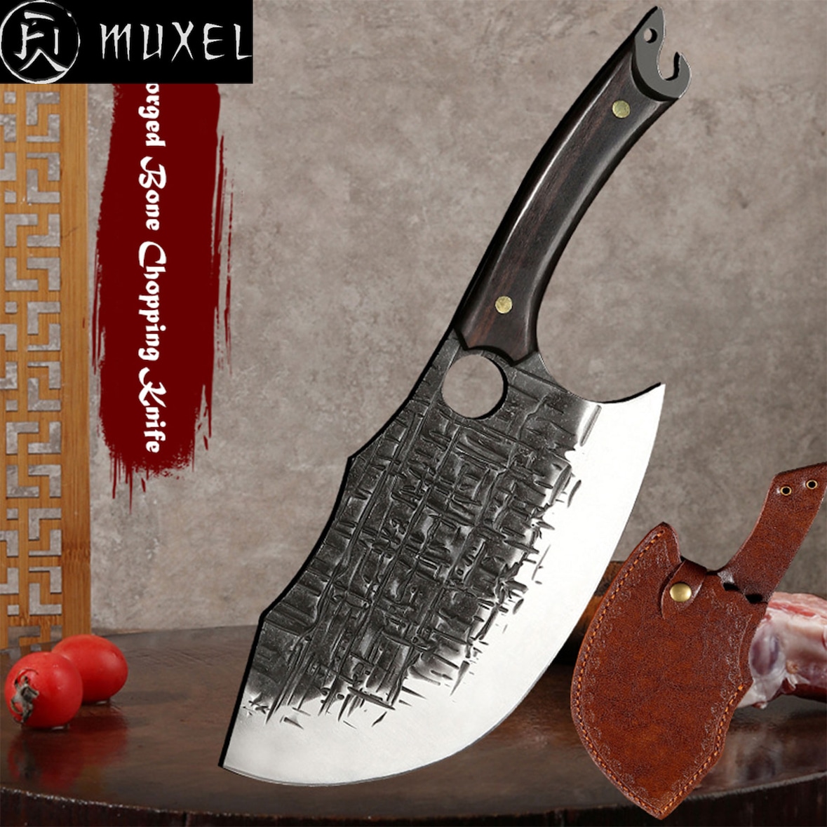 Metzgermesser Hackmesser Fleischerbeil schwer mit gebogener extradicken Klinge mit Lederscheide. Ideal für Deine Outdoor Abenteuer