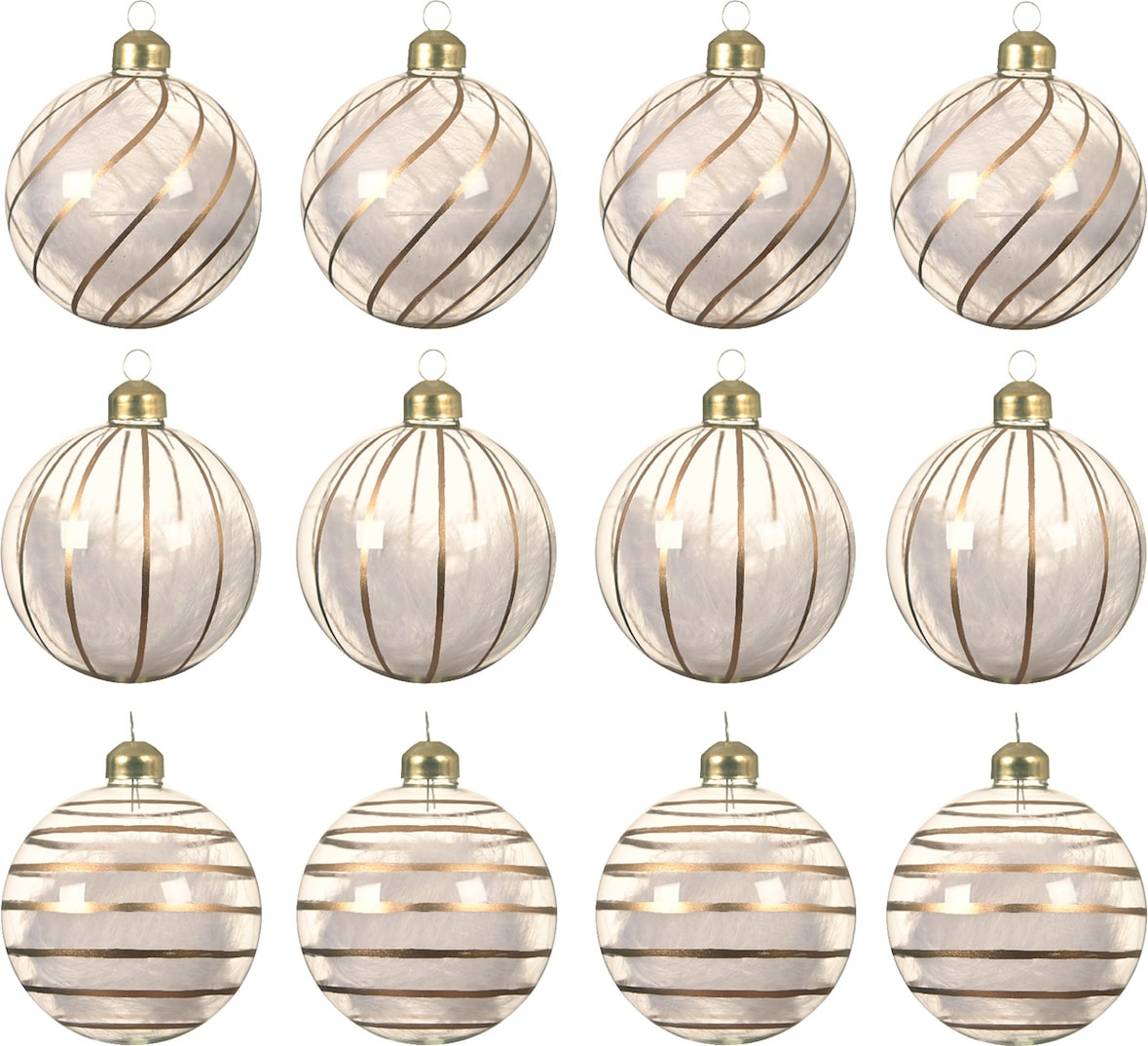 12 Weihnachtskugeln 8cm Glas gefüllt Feder Streifen Christbaumkugeln klar gold