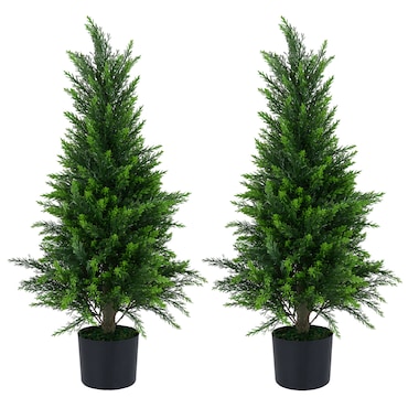 COSTWAY Set de 2 cedros artificiales de 90 cm, árbol sintético con maceta, tronco y hojas de PE, planta decorativa verde