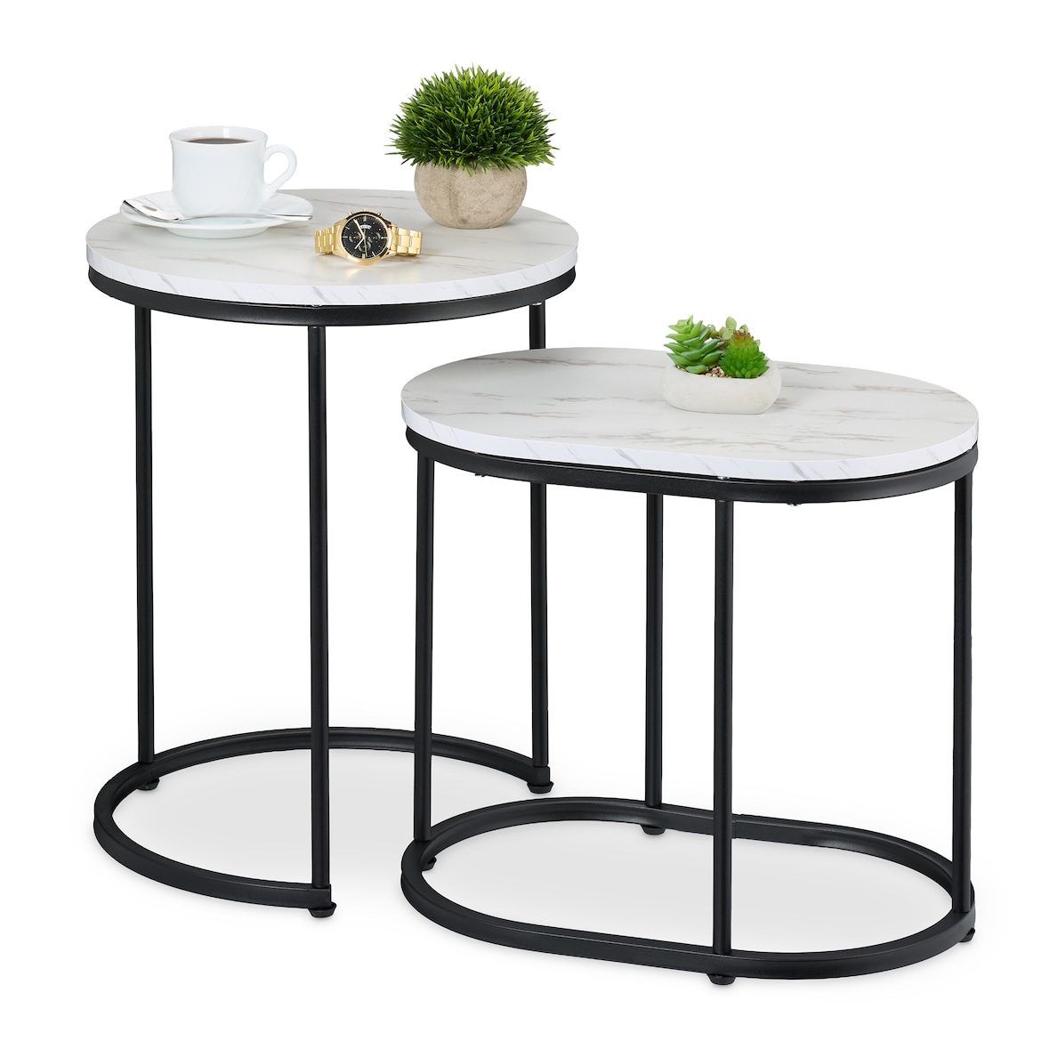 Relaxdays Satztisch, 2er Set, Beistelltisch rund & oval, Marmoroptik, Metallbeine, Wohnzimmer, Couchtisch, weiß/schwarz