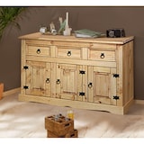 thumbnail of Möbilia Sideboard | 3 Schubladen, 3 Türen | Kiefer-Holz massiv | B 132 x T 44 x H 84 cm | honigfarbend, gewachst | 19020030 | Serie KOMMODE